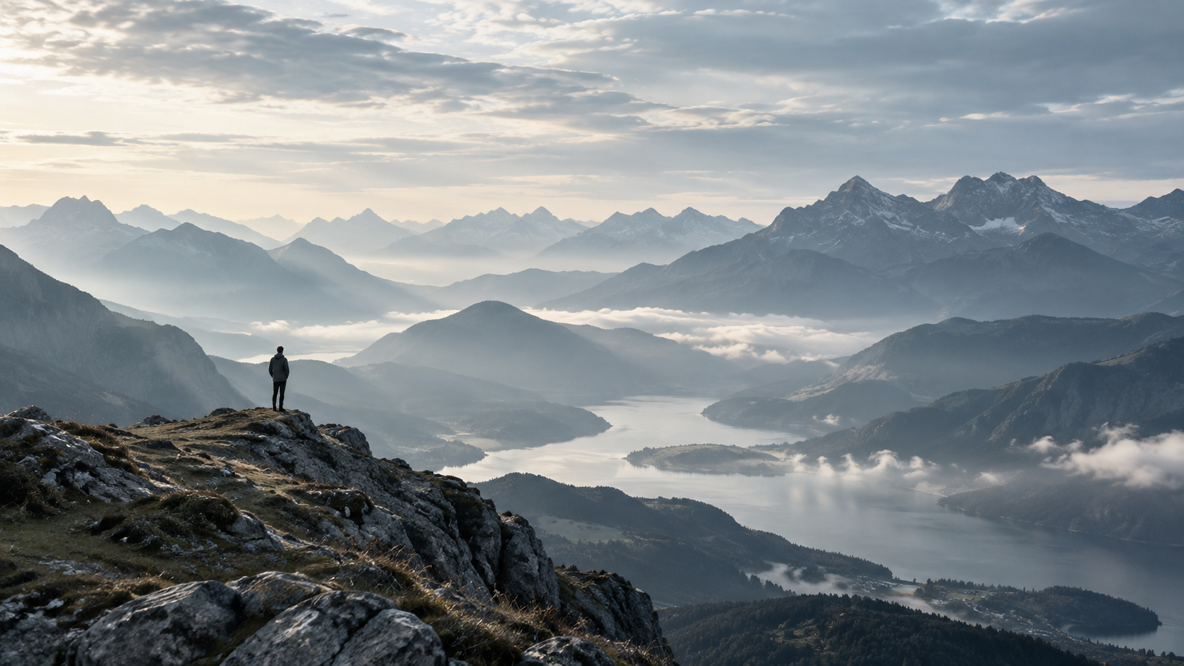 Misty mountain ridges and a lone figure beside a lake